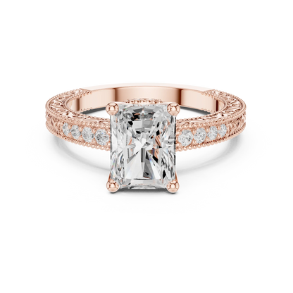 Radiant vintage filigree ring in rose gold with milgrain, channel set diamond band and lab-grown diamond – Australia
