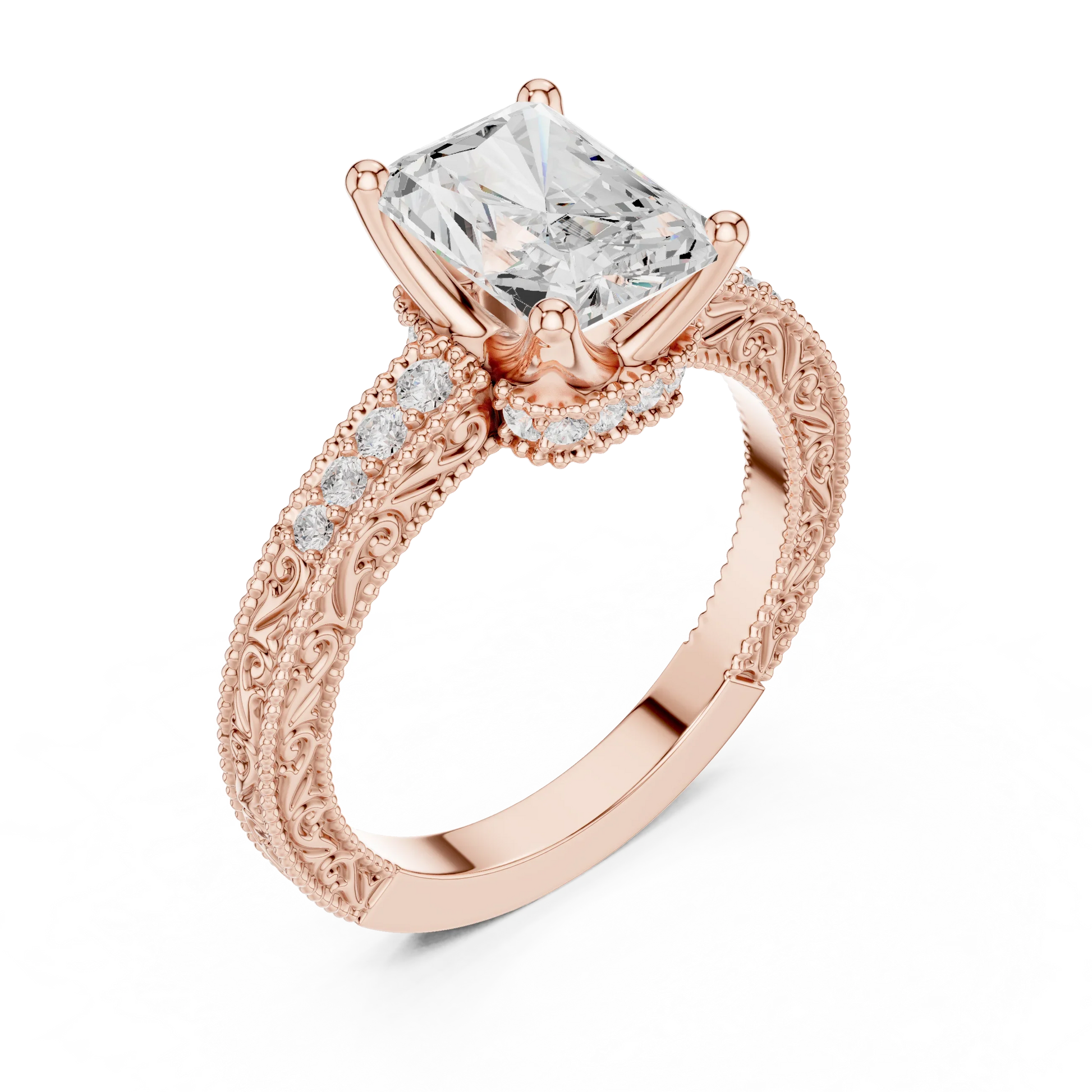 Front view of rose gold radiant vintage filigree ring with milgrain, channel set diamond band and lab-grown diamond – Australia