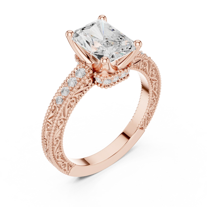 Front view of rose gold radiant vintage filigree ring with milgrain, channel set diamond band and lab-grown diamond – Australia