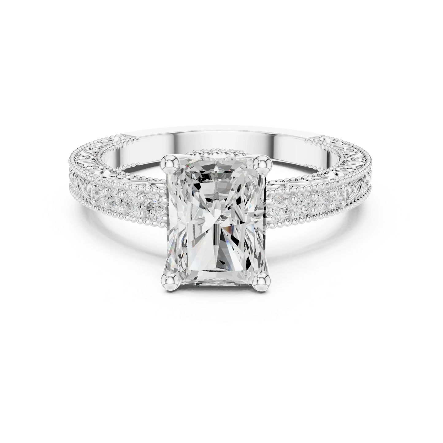 Radiant vintage filigree ring in white gold with milgrain, channel set diamond band and lab-grown diamond – Australia