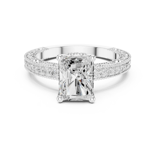 Radiant vintage filigree ring in white gold with milgrain, channel set diamond band and lab-grown diamond – Australia