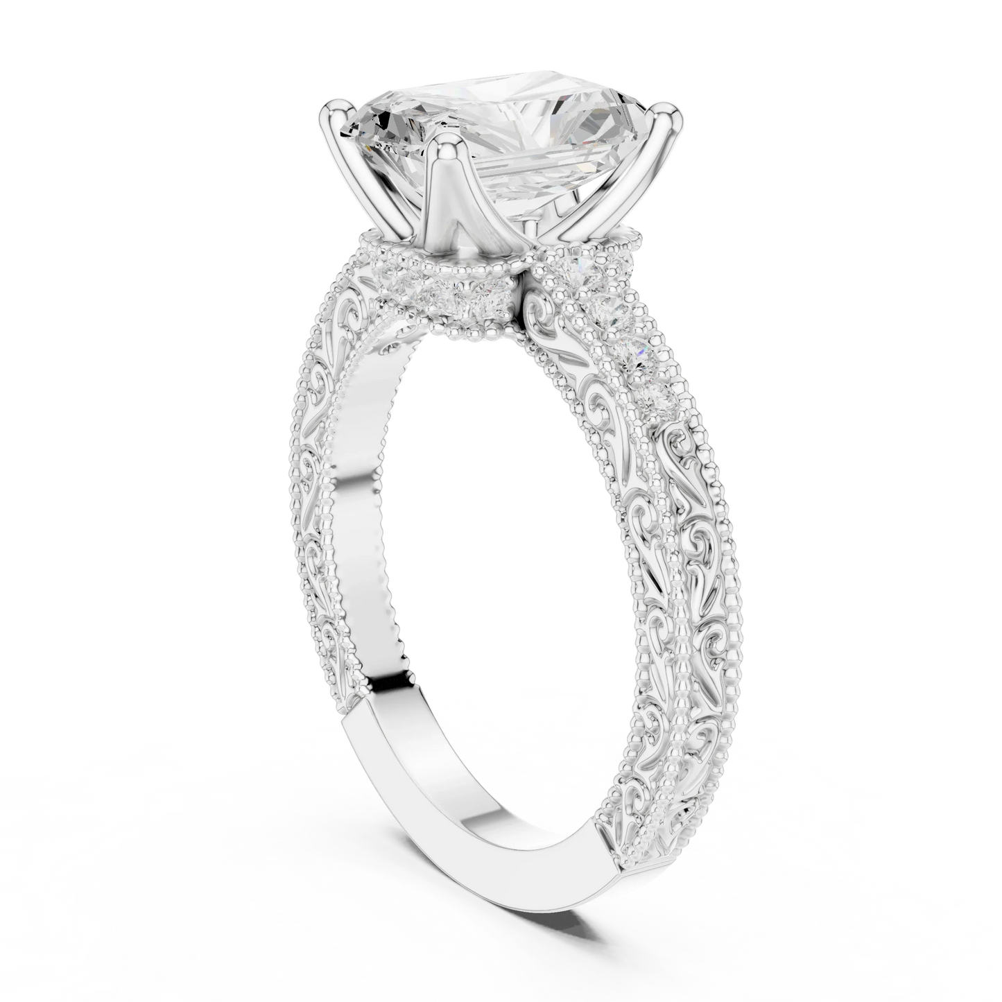 Back view of white gold radiant vintage filigree ring with milgrain, channel set diamond band and lab-grown diamond – Australia