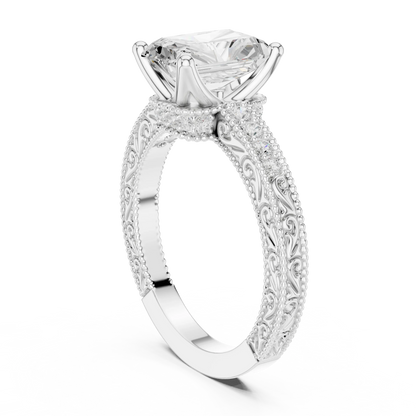 Back view of white gold radiant vintage filigree ring with milgrain, channel set diamond band and lab-grown diamond – Australia