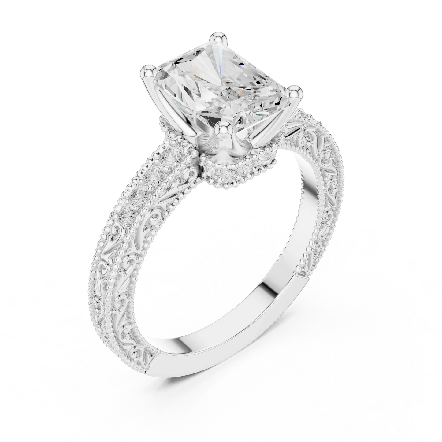 Front view of white gold radiant vintage filigree ring with milgrain, channel set diamond band and lab-grown diamond – Australia
