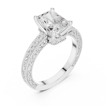 Front view of white gold radiant vintage filigree ring with milgrain, channel set diamond band and lab-grown diamond – Australia