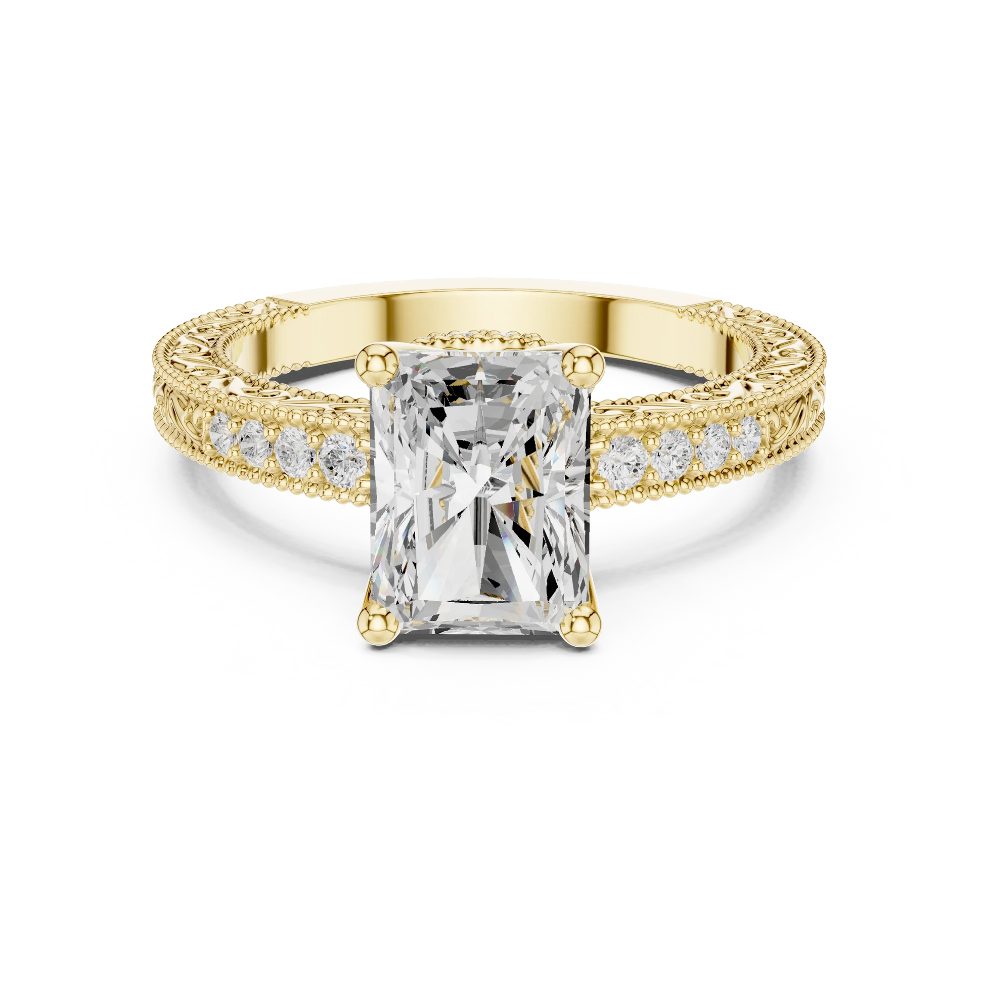 Radiant vintage filigree ring in yellow gold with milgrain, channel set diamond band and lab-grown diamond – Australia