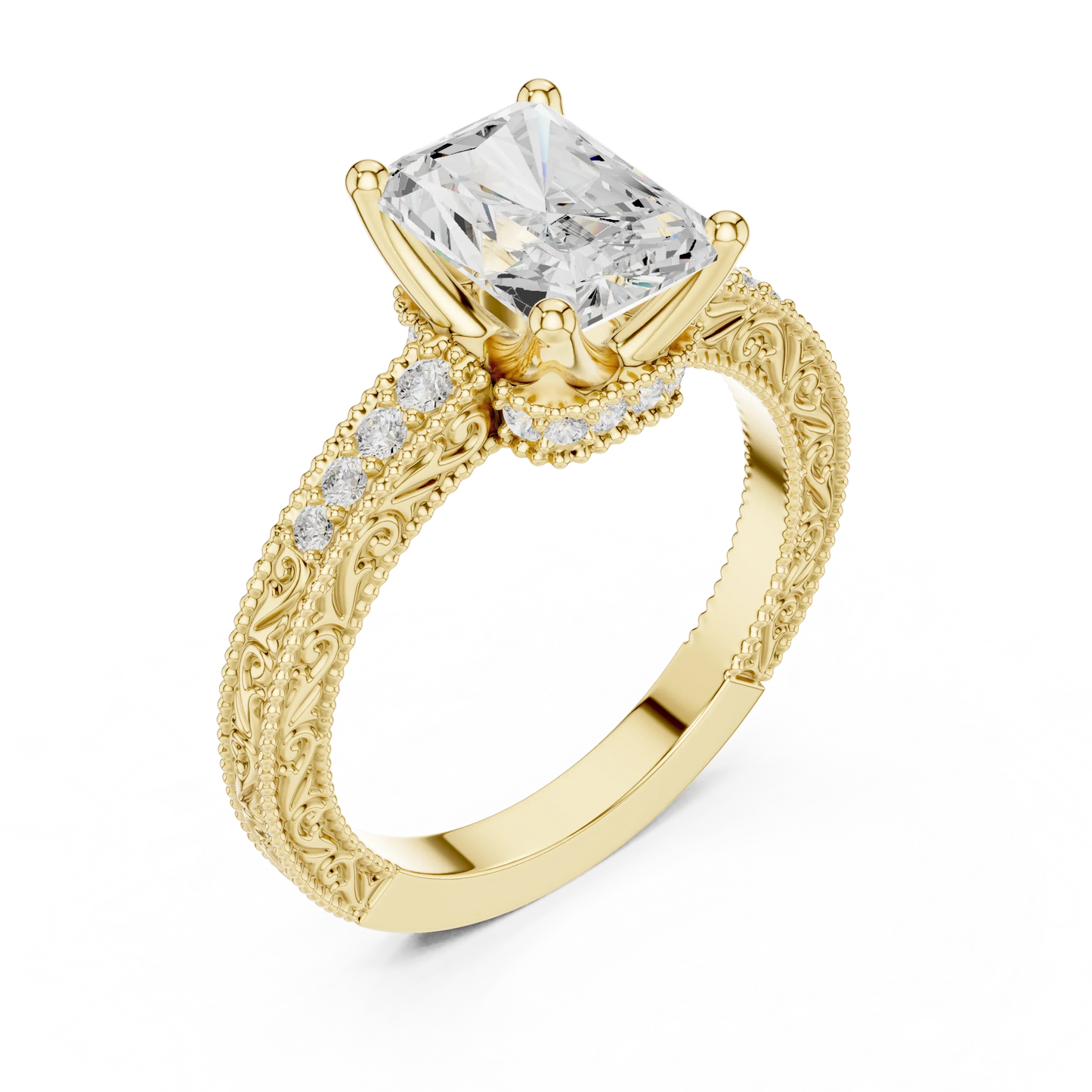Front view of yellow gold radiant vintage filigree ring with milgrain, channel set diamond band and lab-grown diamond – Australia