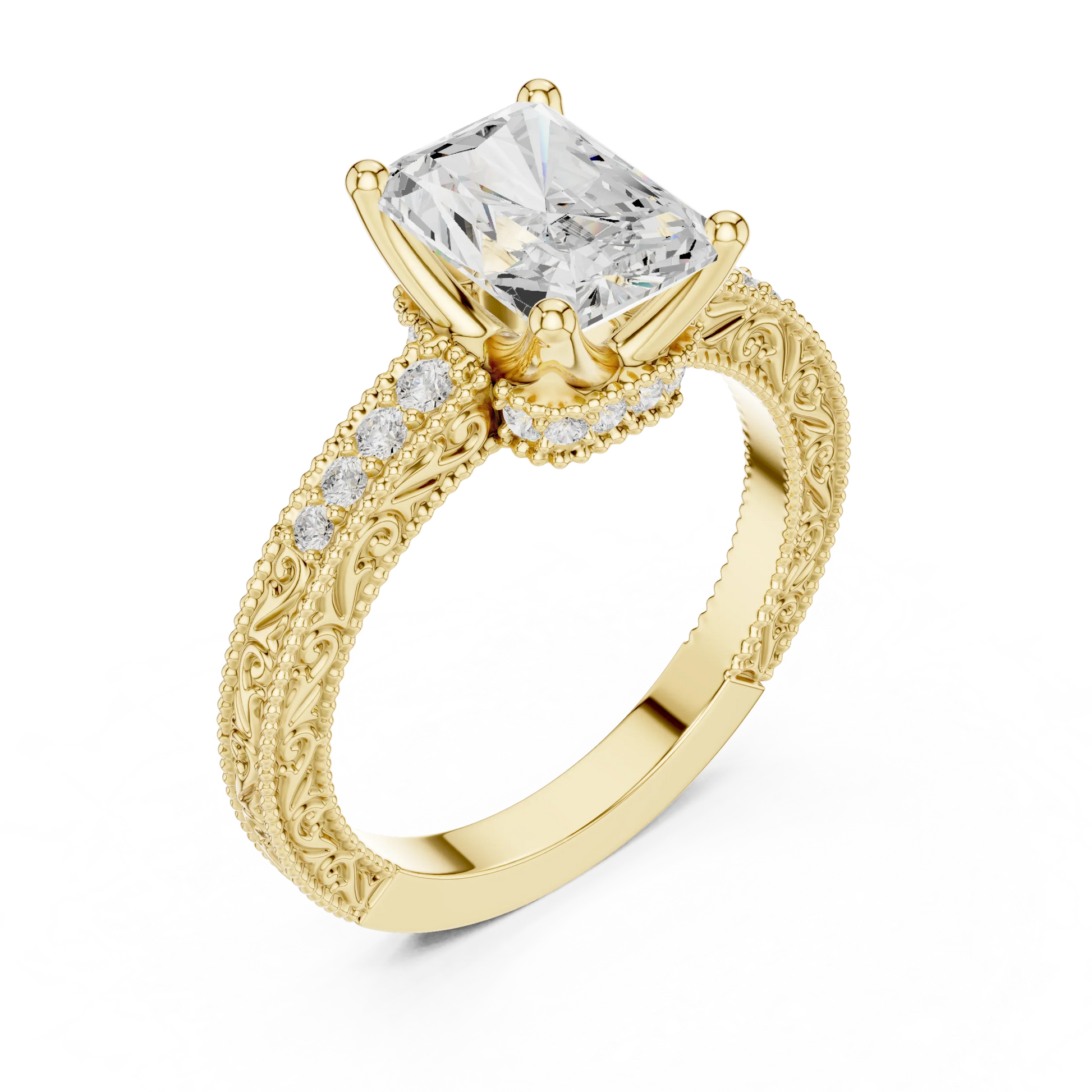 Front view of yellow gold radiant vintage filigree ring with milgrain, channel set diamond band and lab-grown diamond – Australia