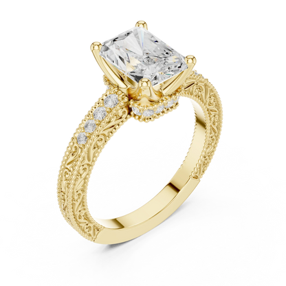 Front view of yellow gold radiant vintage filigree ring with milgrain, channel set diamond band and lab-grown diamond – Australia
