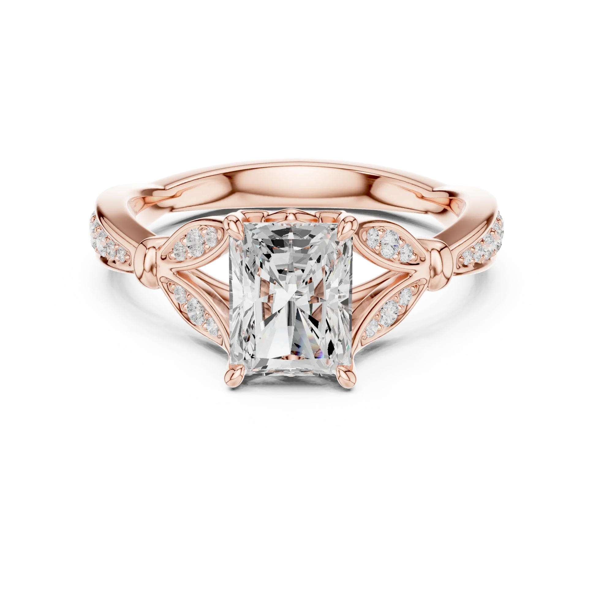 Radiant vintage floral leaf ring in rose gold with pave diamond band and lab-grown diamond – Australia