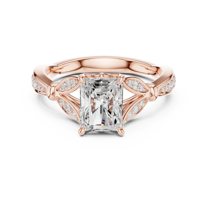 Radiant vintage floral leaf ring in rose gold with pave diamond band and lab-grown diamond – Australia