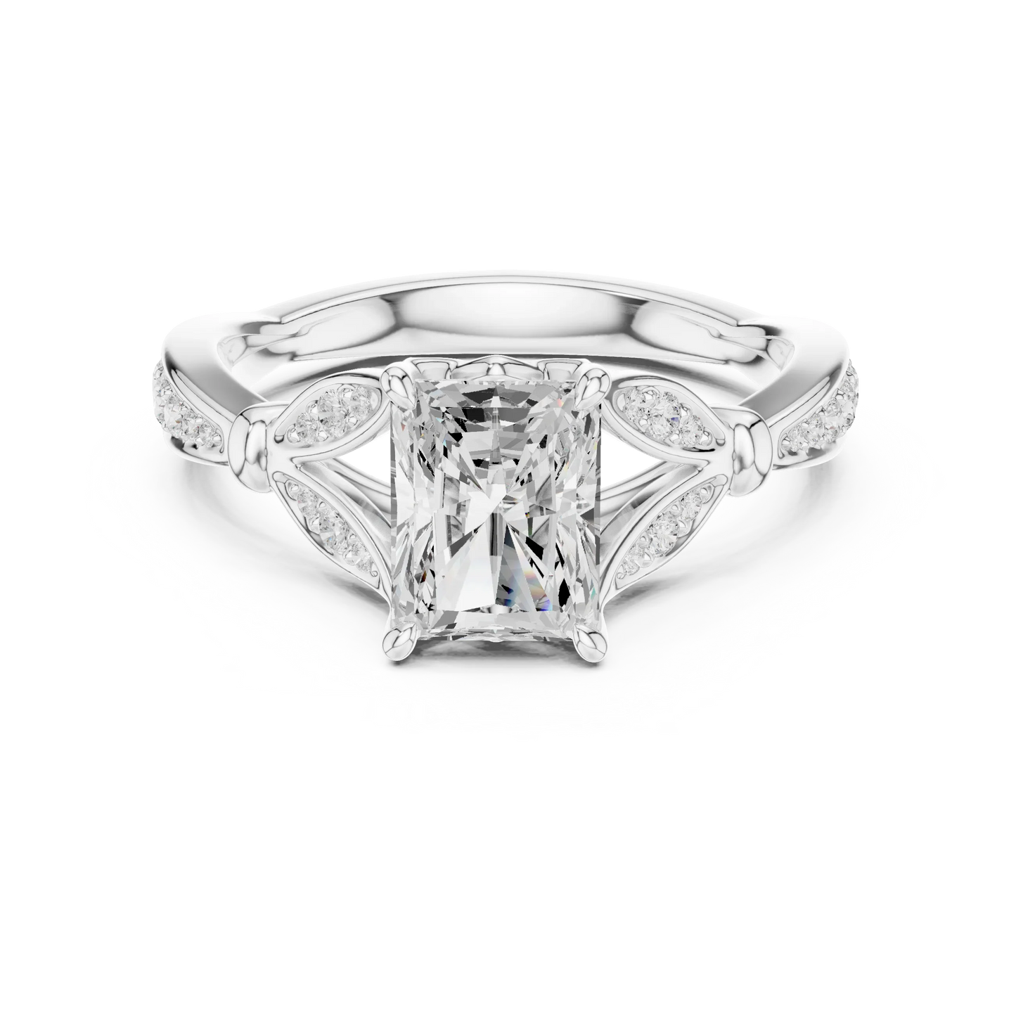 Radiant vintage floral leaf ring in white gold with pave diamond band and lab-grown diamond – Australia