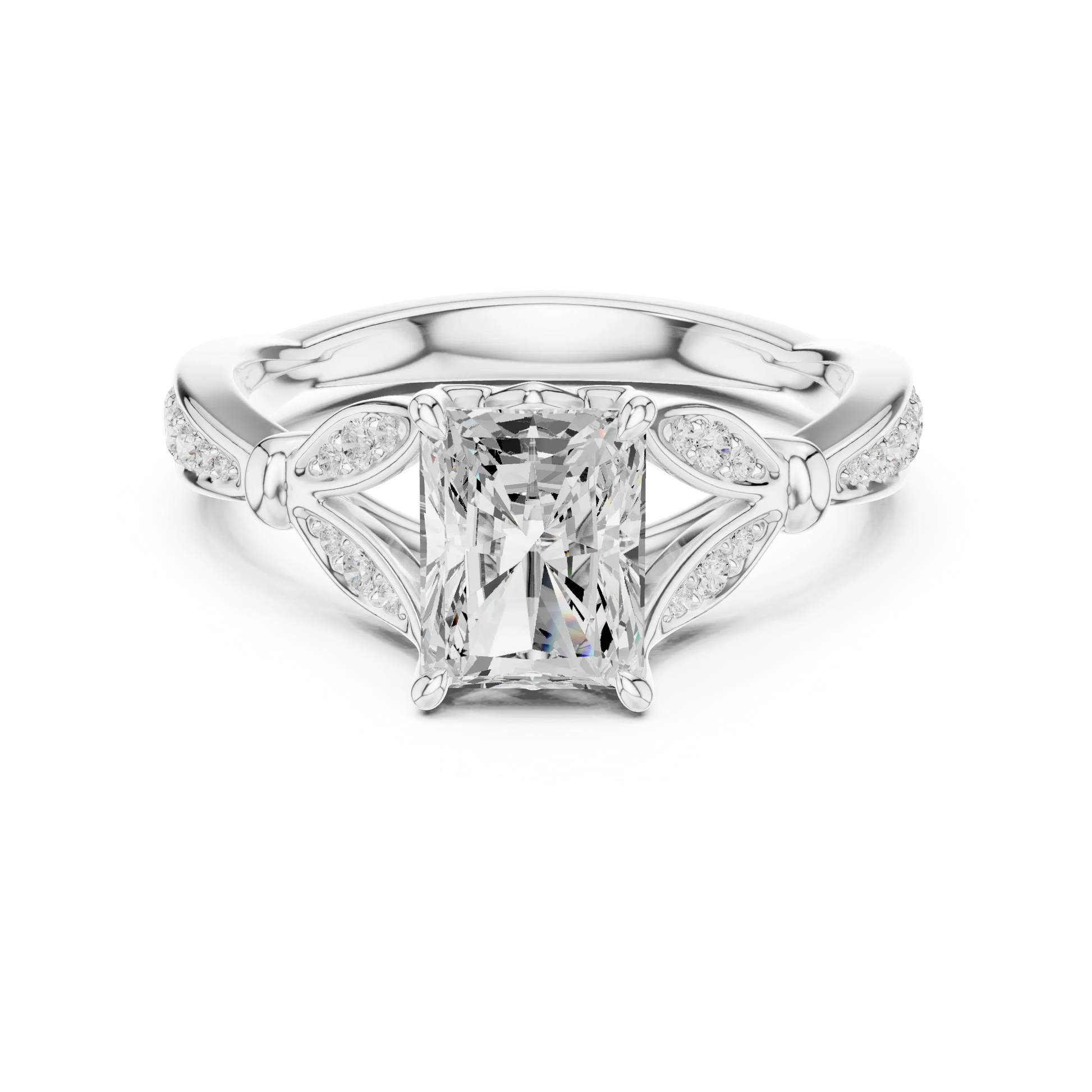 Radiant vintage floral leaf ring in white gold with pave diamond band and lab-grown diamond – Australia