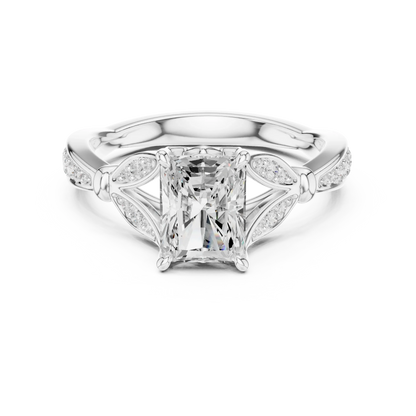 Radiant vintage floral leaf ring in white gold with pave diamond band and lab-grown diamond – Australia