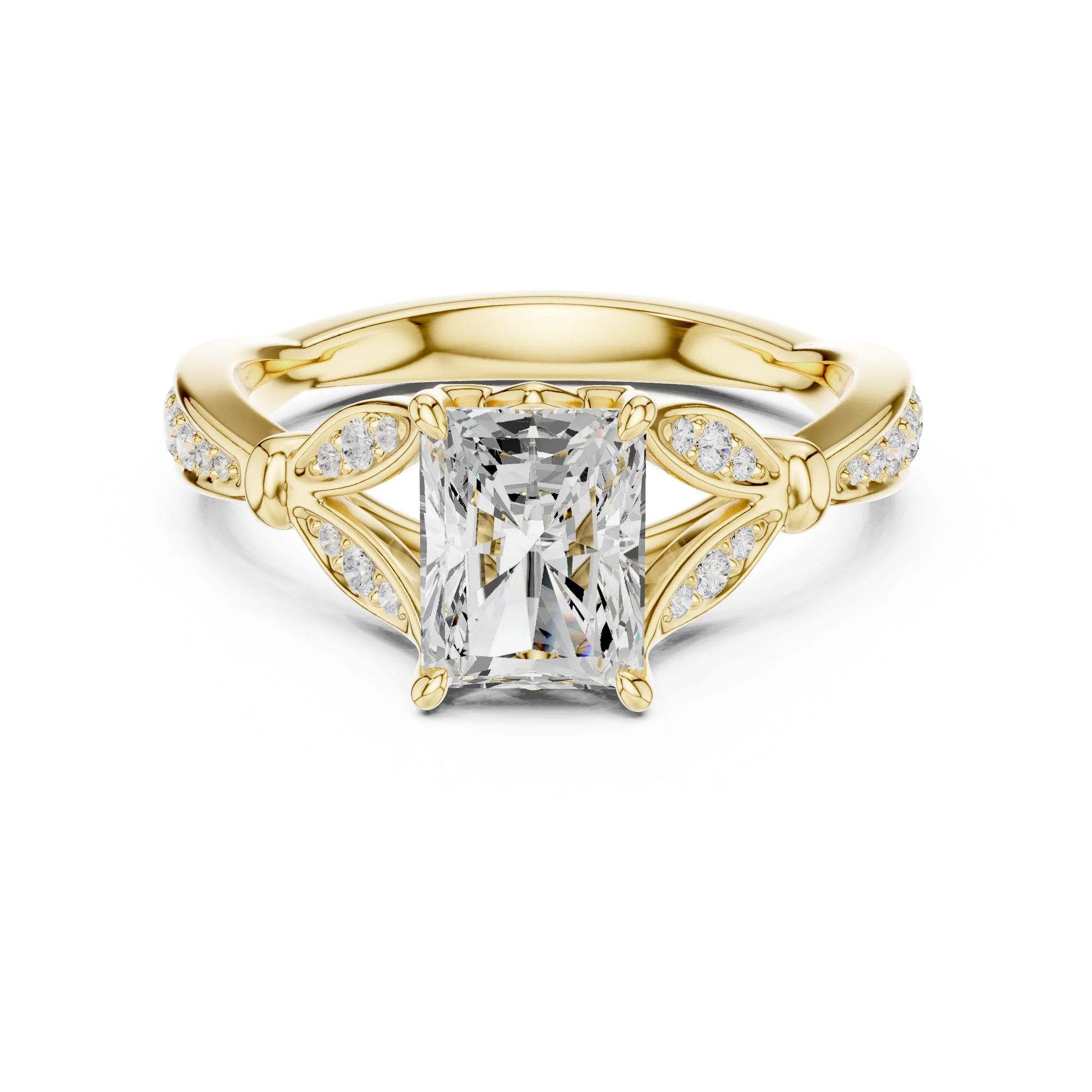 Radiant vintage floral leaf ring in yellow gold with pave diamond band and lab-grown diamond – Australia