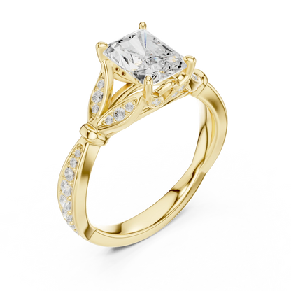 Front view of yellow gold radiant vintage floral leaf ring with pave diamond band and lab-grown diamond – Australia