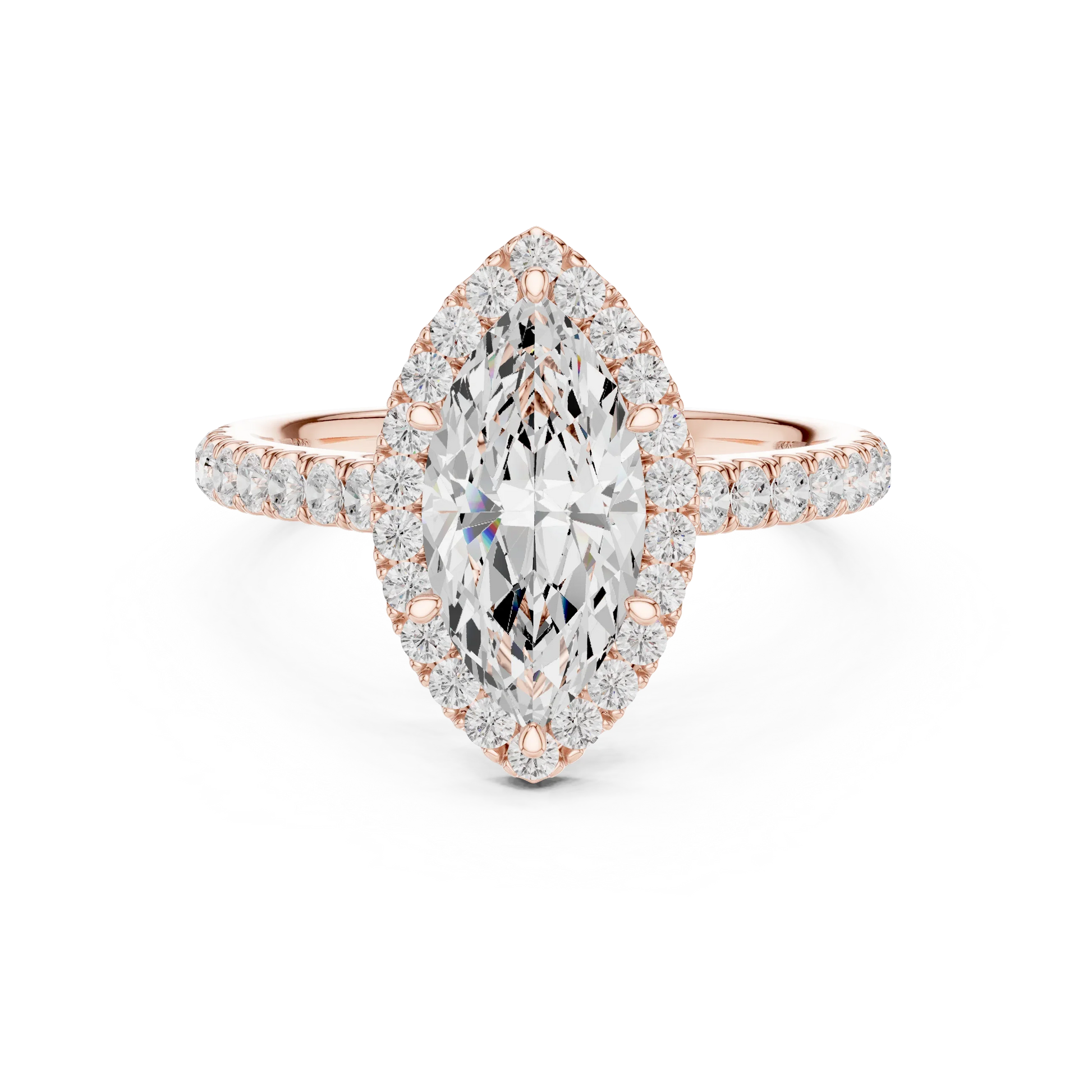 Front view of rose gold regal halo marquise cut diamond ring with lab-grown center stone surrounded by halo diamonds, romantic modern look