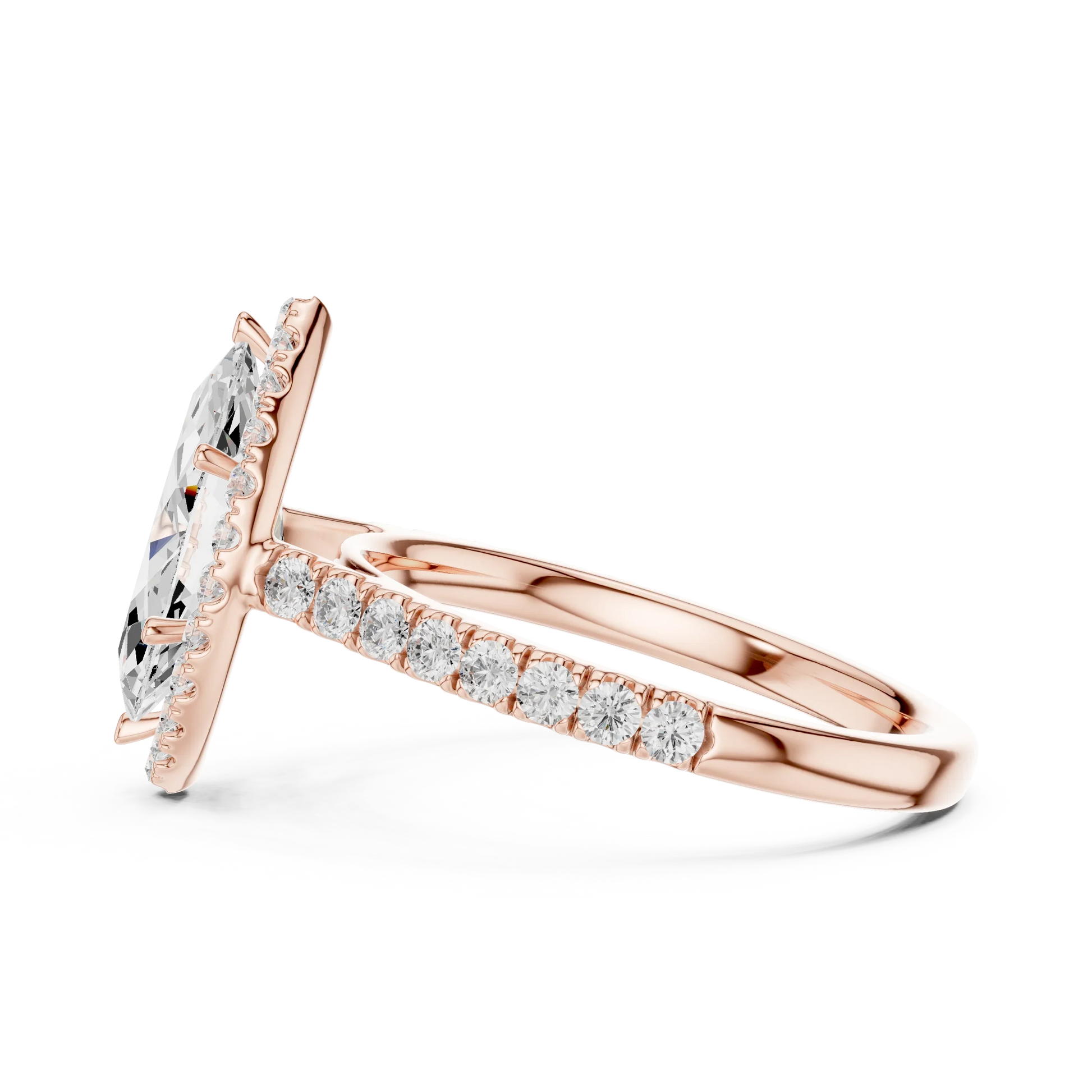 Side view of rose gold marquise cut diamond ring with regal halo setting highlighting elevated center stone and elegant band profile