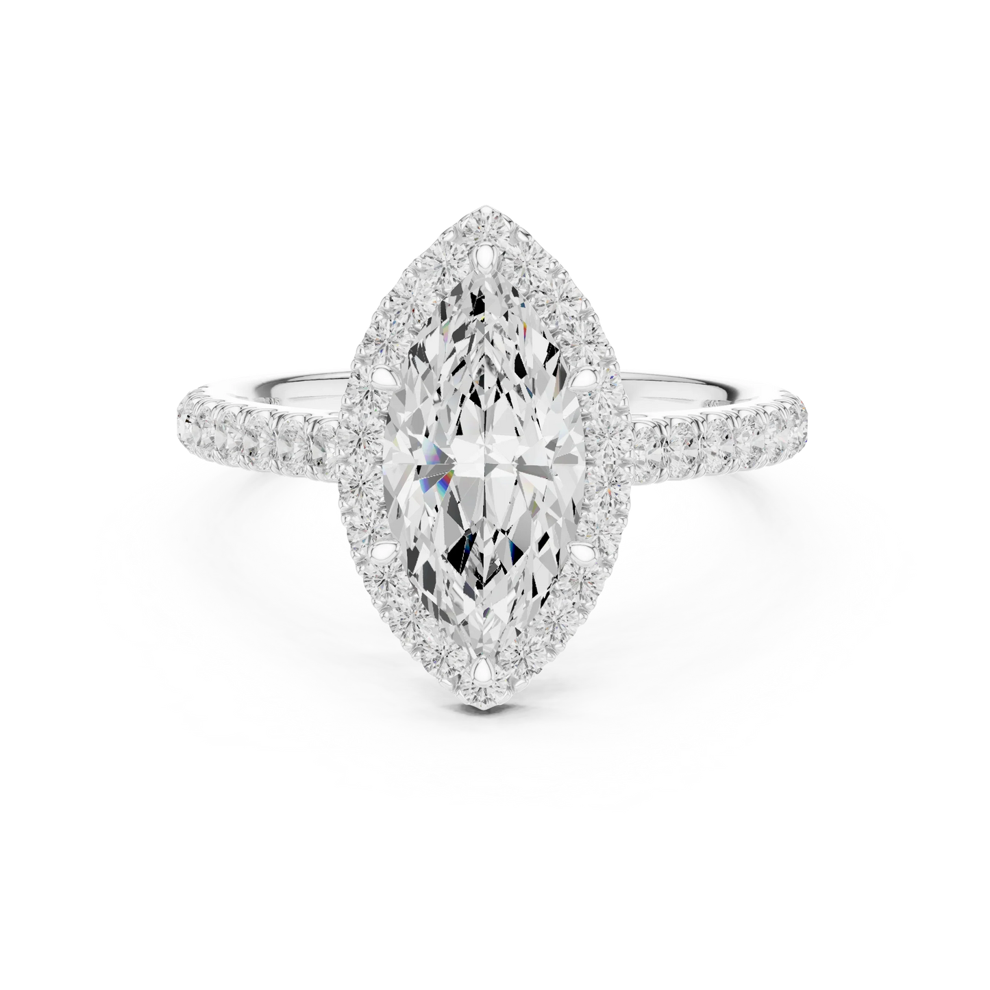 Front view of white gold regal halo marquise cut diamond ring with lab-grown center stone surrounded by halo diamonds, elongated elegant design