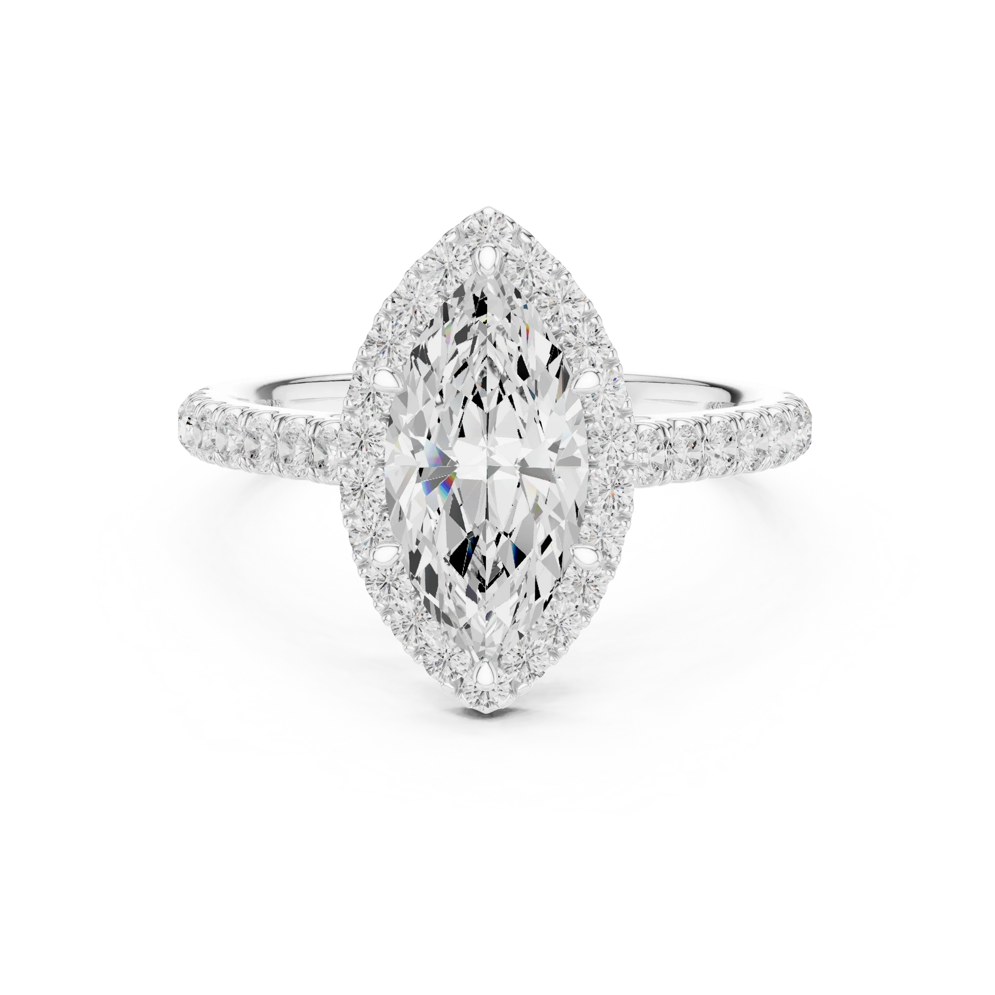 Front view of white gold regal halo marquise cut diamond ring with lab-grown center stone surrounded by halo diamonds, elongated elegant design