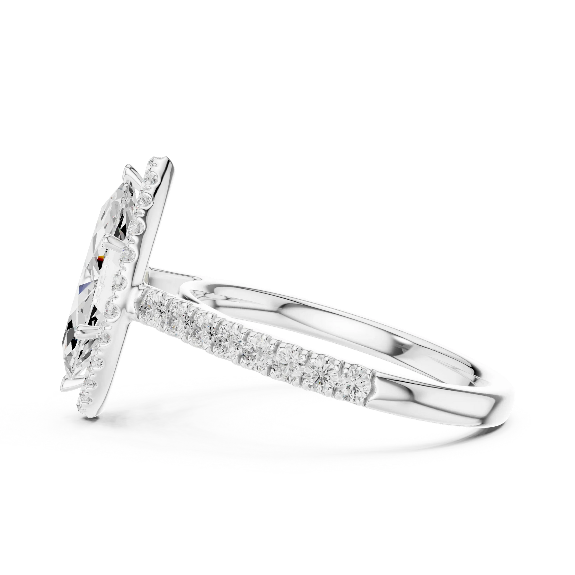 Side view of white gold marquise cut diamond ring with regal halo setting showing elevated center stone and refined band profile