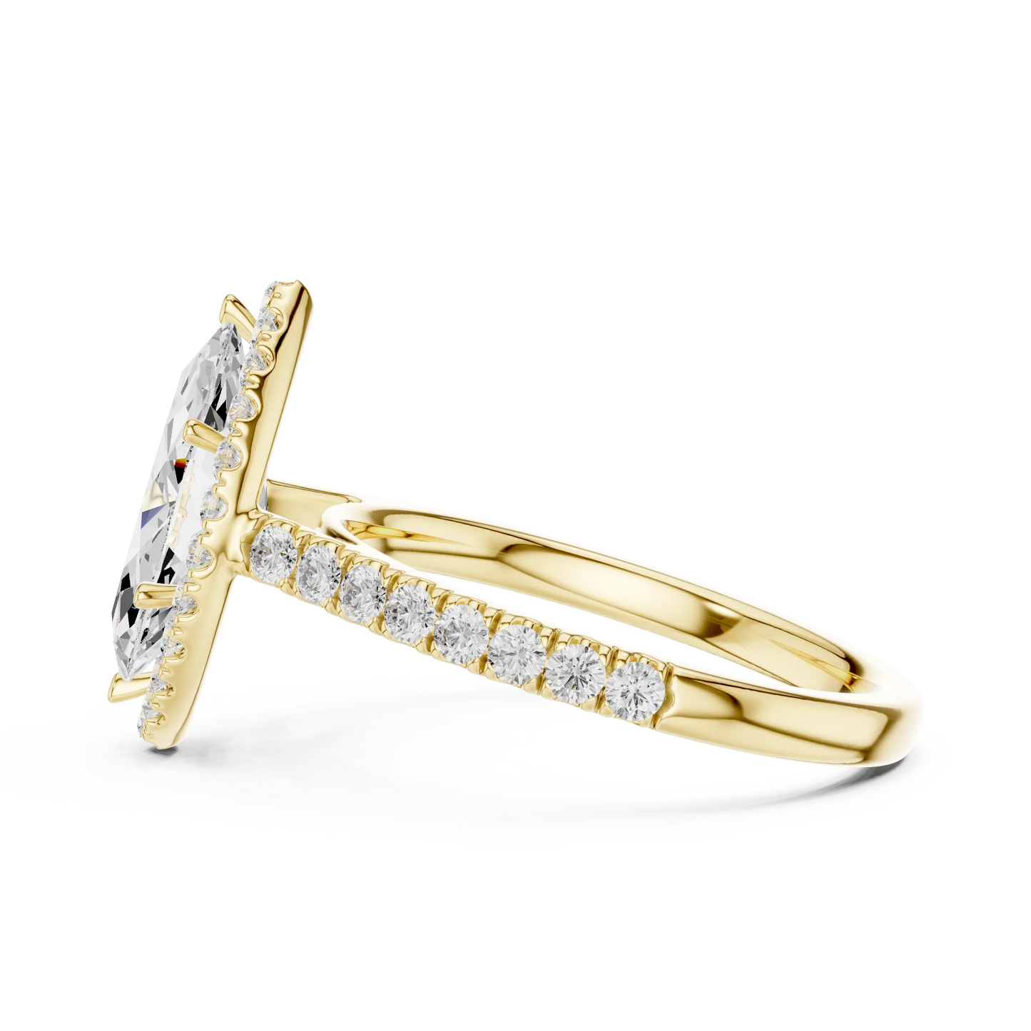 Side view of yellow gold marquise cut diamond ring with halo setting highlighting band structure and center stone elevation