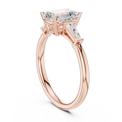 Back view of rose gold regal trinity emerald diamond ring with lab-grown diamonds – Australia