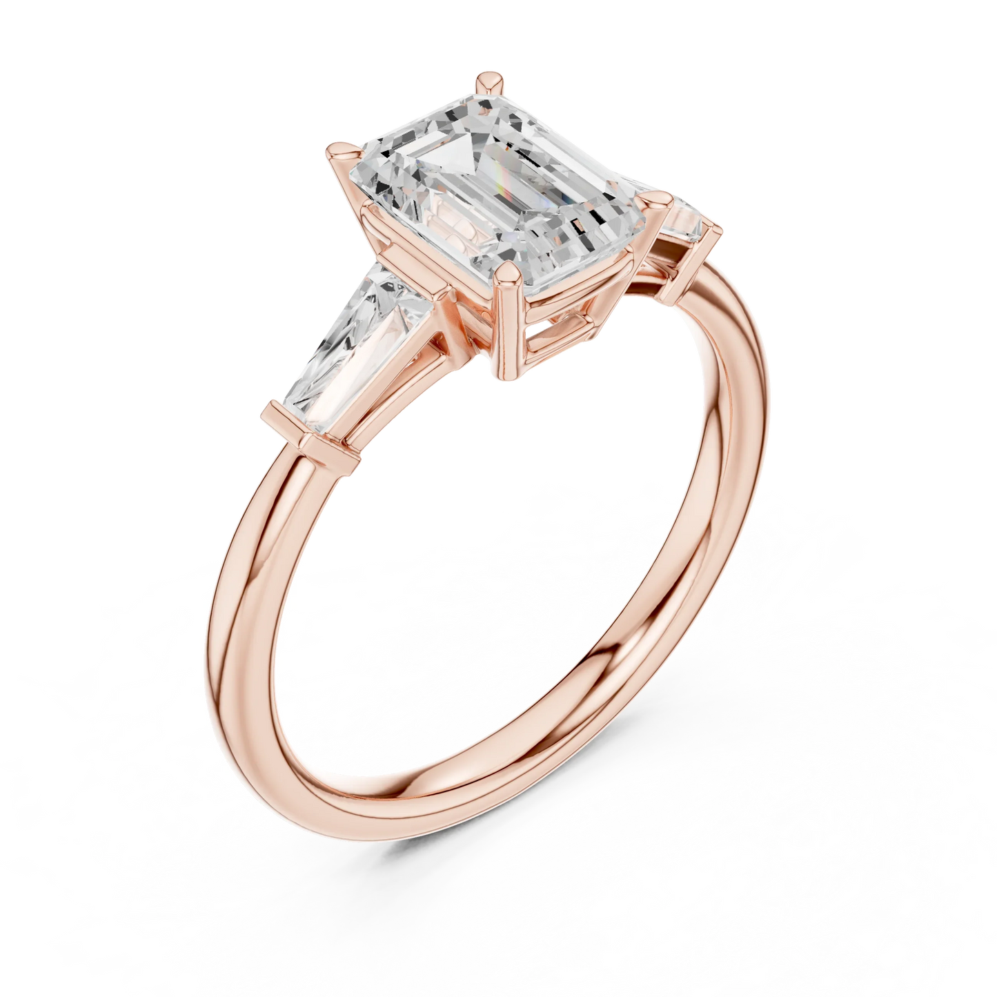 Front view of rose gold regal trinity emerald diamond ring with lab-grown diamonds – Australia