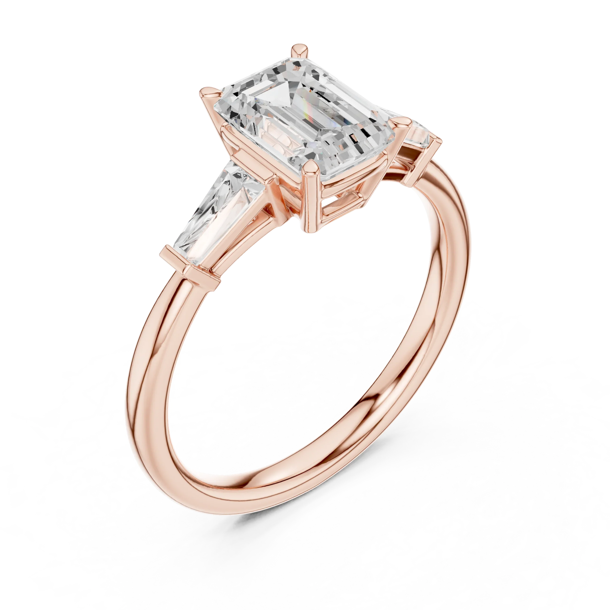 Front view of rose gold regal trinity emerald diamond ring with lab-grown diamonds – Australia