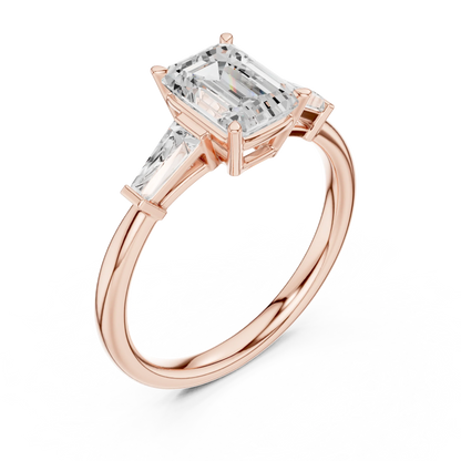 Front view of rose gold regal trinity emerald diamond ring with lab-grown diamonds – Australia