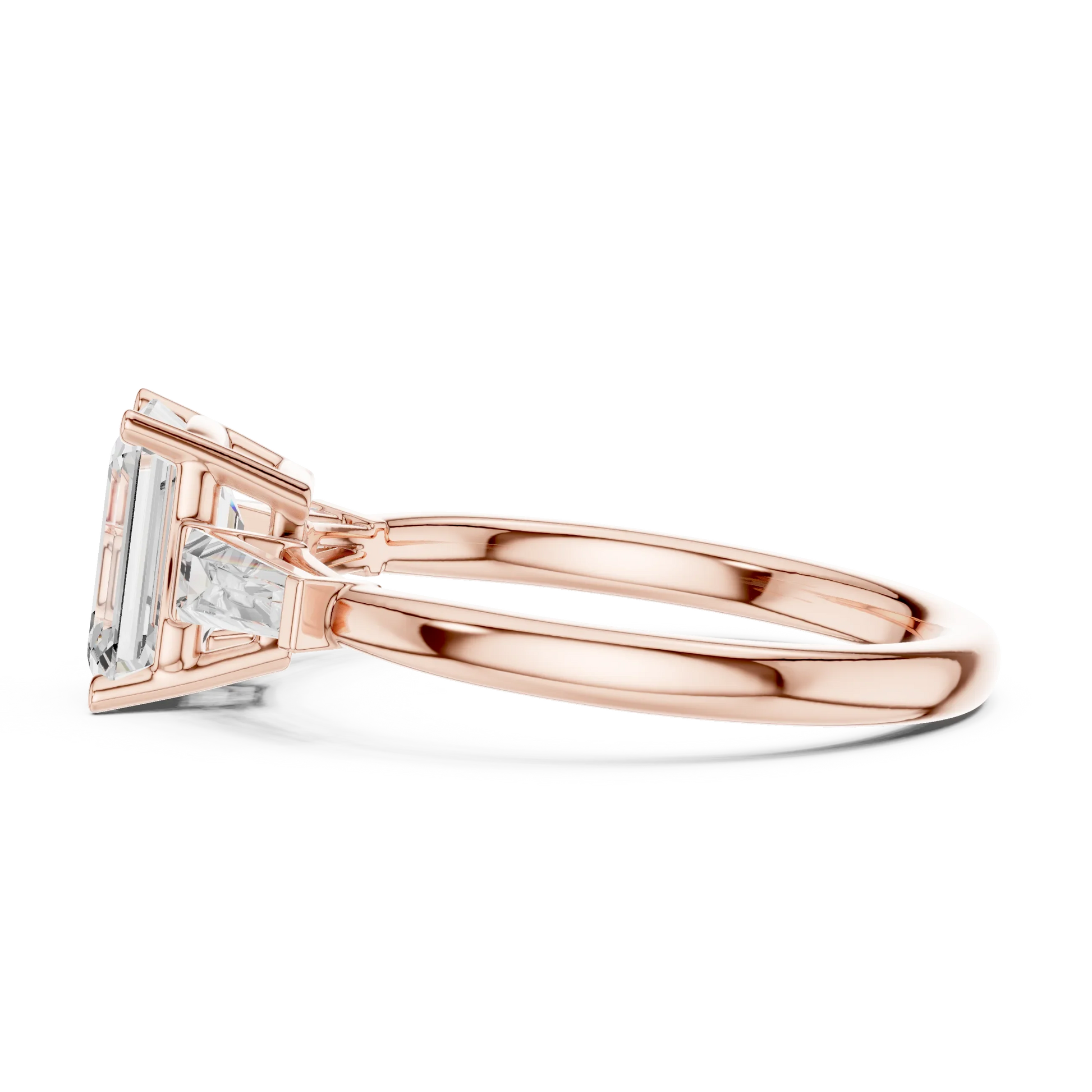 Side view of rose gold regal trinity emerald diamond ring with lab-grown diamonds – Australia