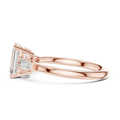 Side view of rose gold regal trinity emerald diamond ring with lab-grown diamonds – Australia