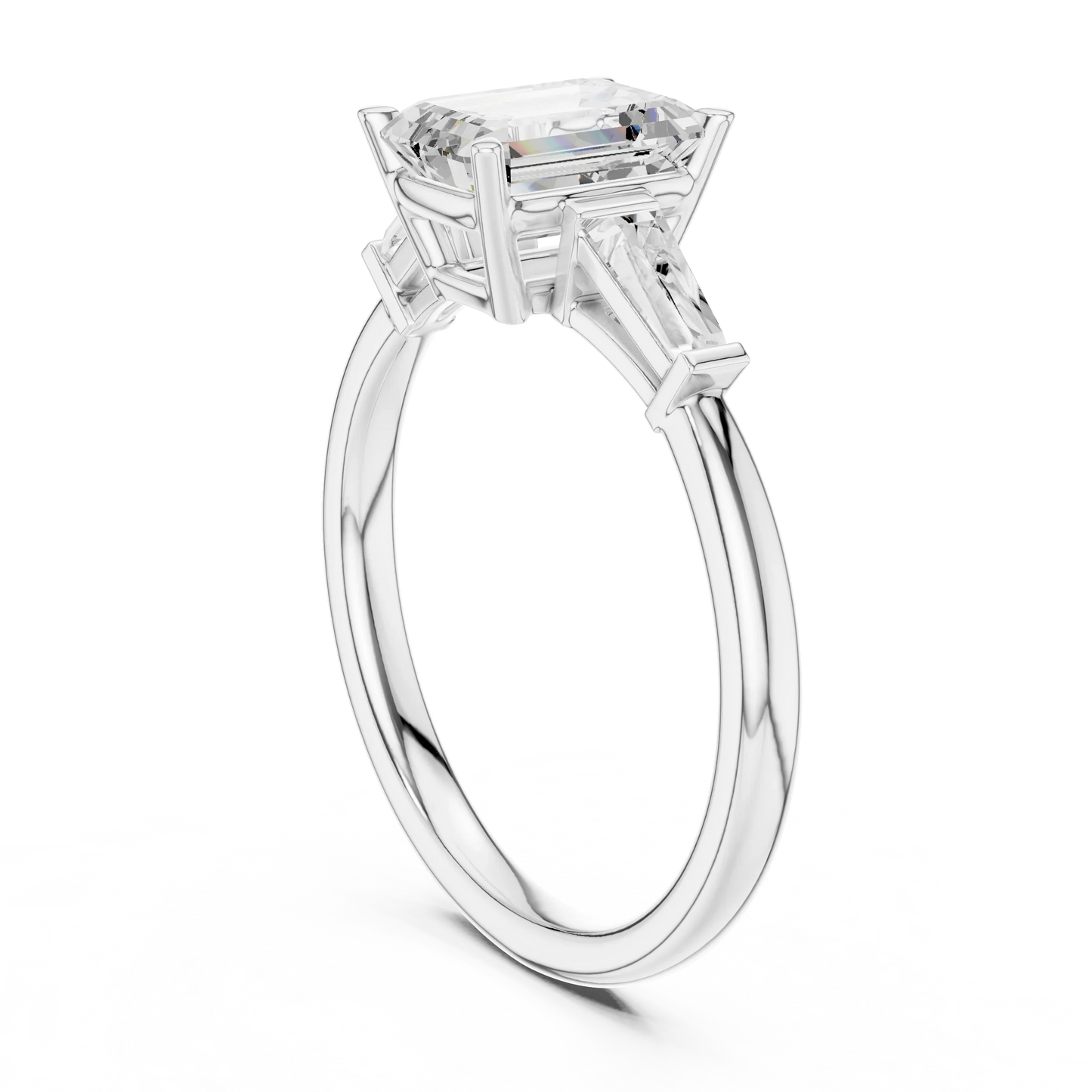 Back view of white gold regal trinity emerald diamond ring with lab-grown diamonds – Australia