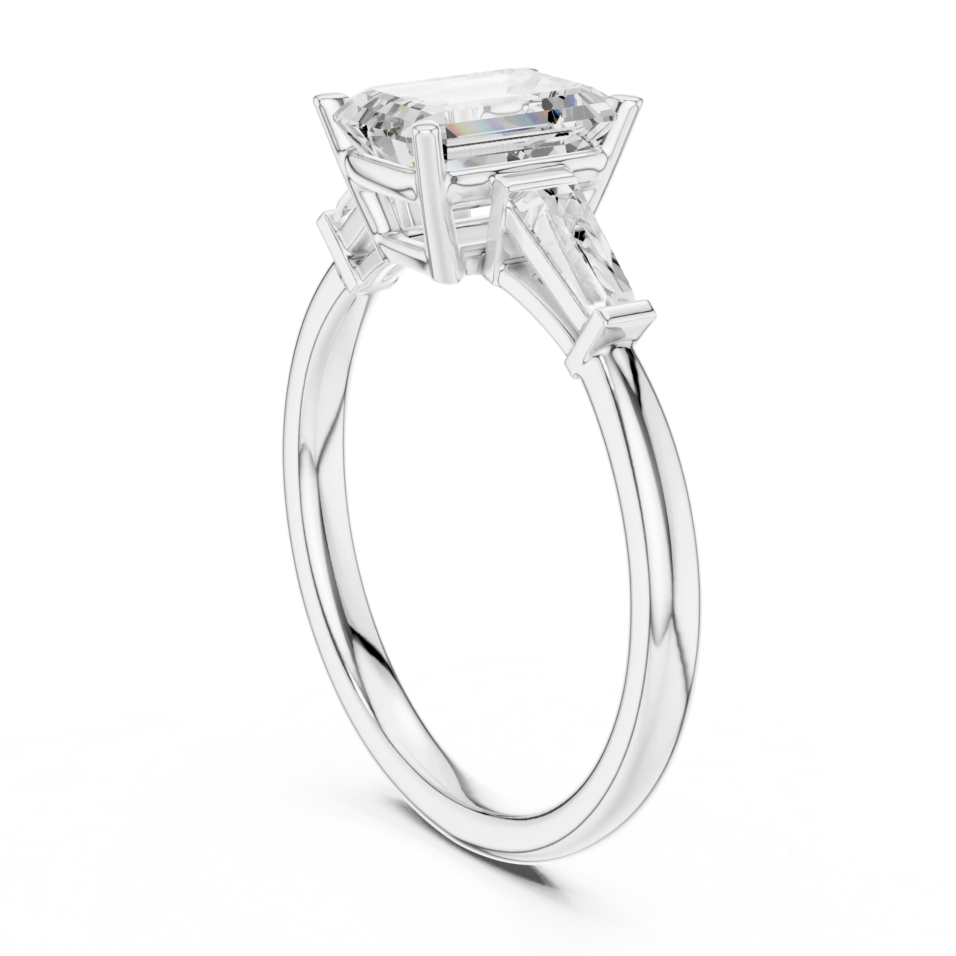 Back view of white gold regal trinity emerald diamond ring with lab-grown diamonds – Australia