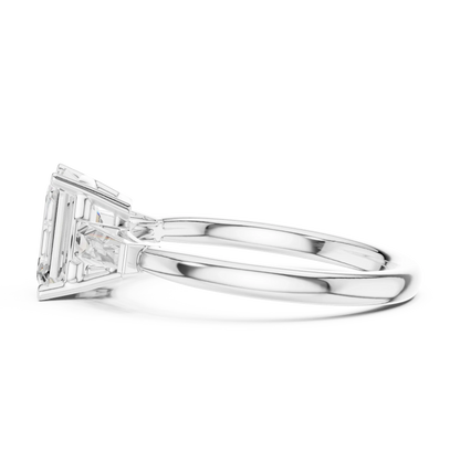 Side view of white gold regal trinity emerald diamond ring with lab-grown diamonds – Australia