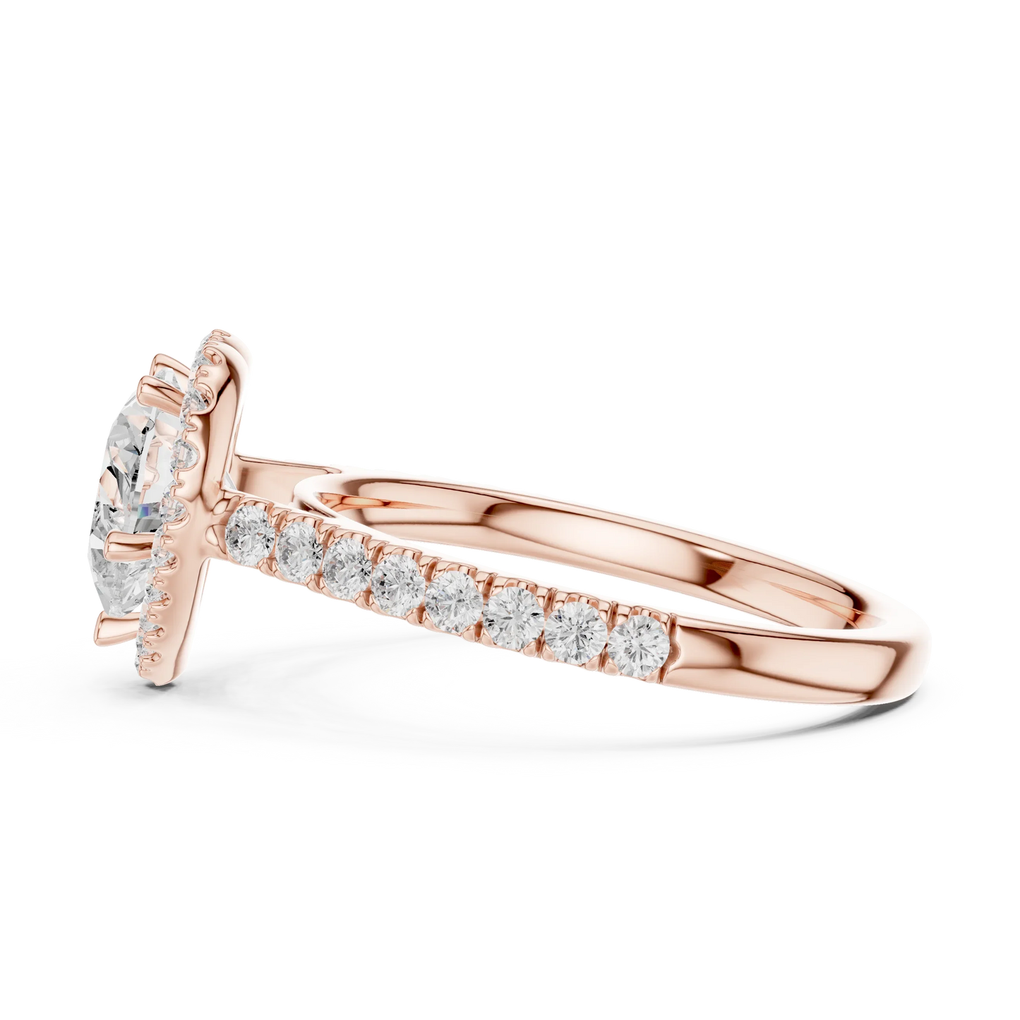 Side view of rose gold heart shaped diamond ring with romantic halo setting showcasing elegant band and elevated center stone