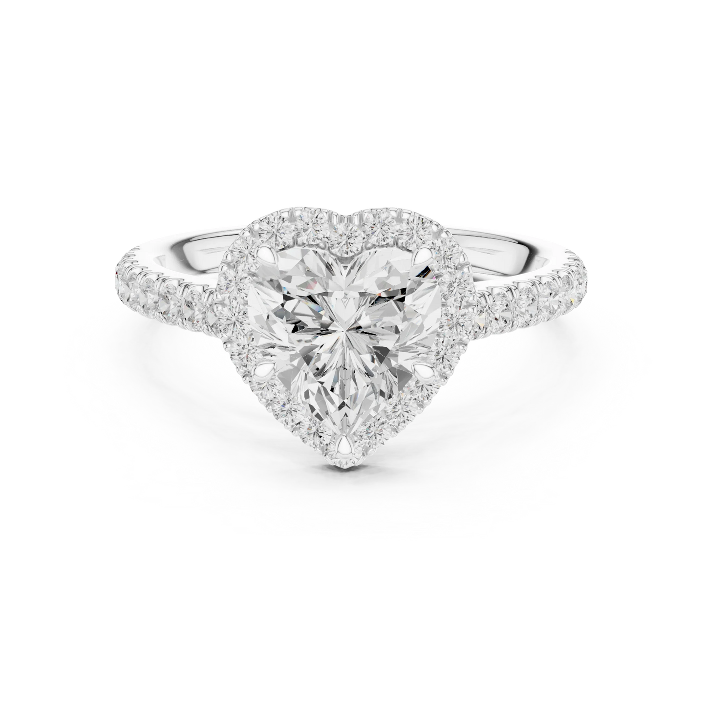 Front view of white gold romantic halo heart shaped diamond ring with lab-grown center stone surrounded by halo diamonds, elegant love-inspired design