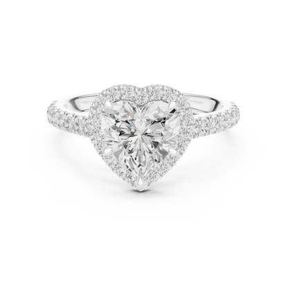 Front view of white gold romantic halo heart shaped diamond ring with lab-grown center stone surrounded by halo diamonds, elegant love-inspired design