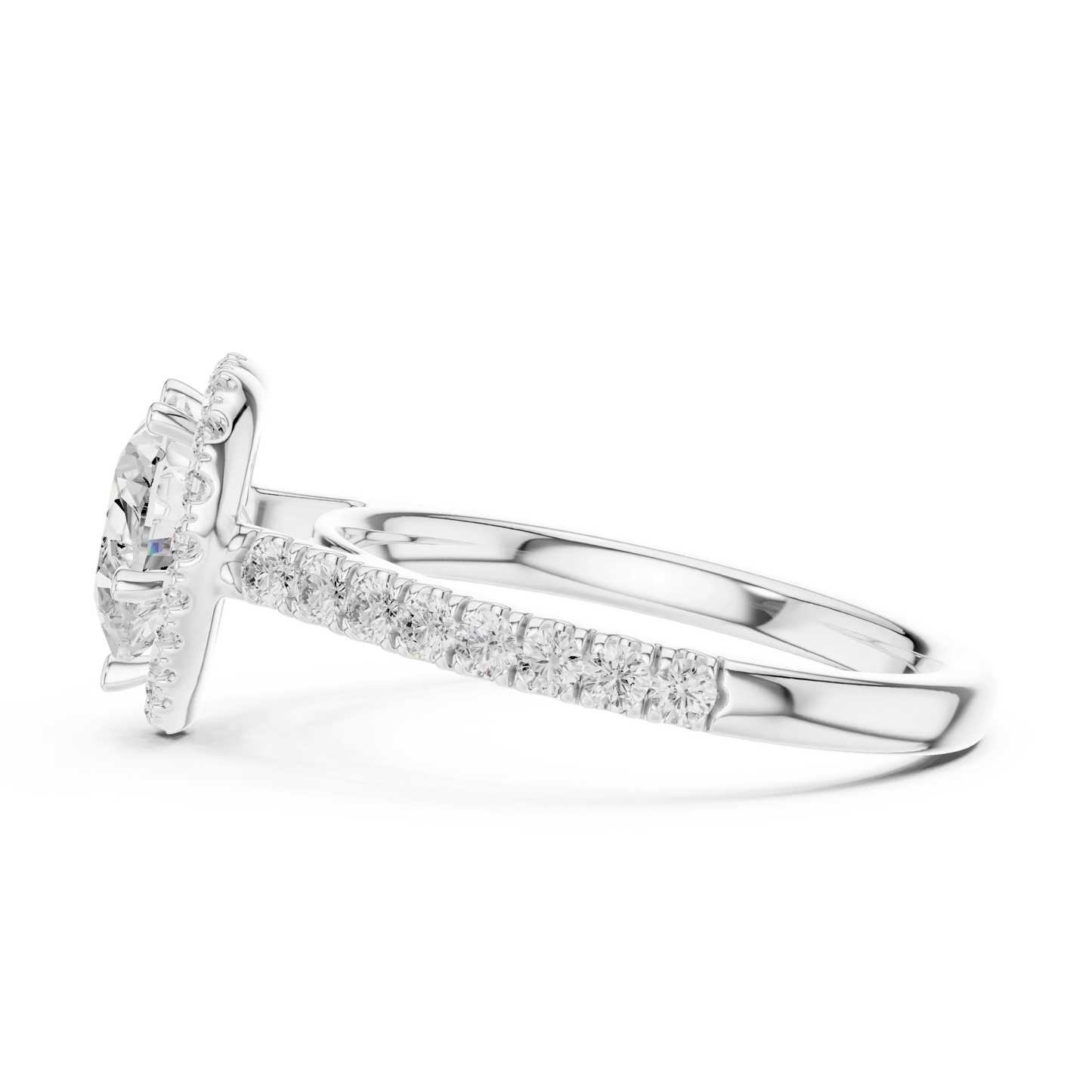Side view of white gold heart shaped diamond ring with romantic halo setting showing elevated center stone and refined band profile