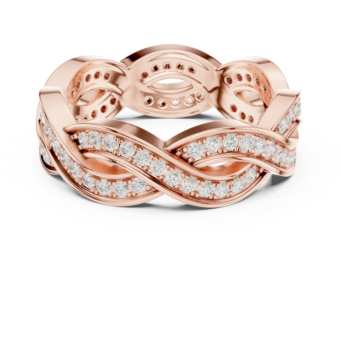 Round brilliant braided infinity eternity band with lab-grown diamonds in rose gold with modern romantic finish