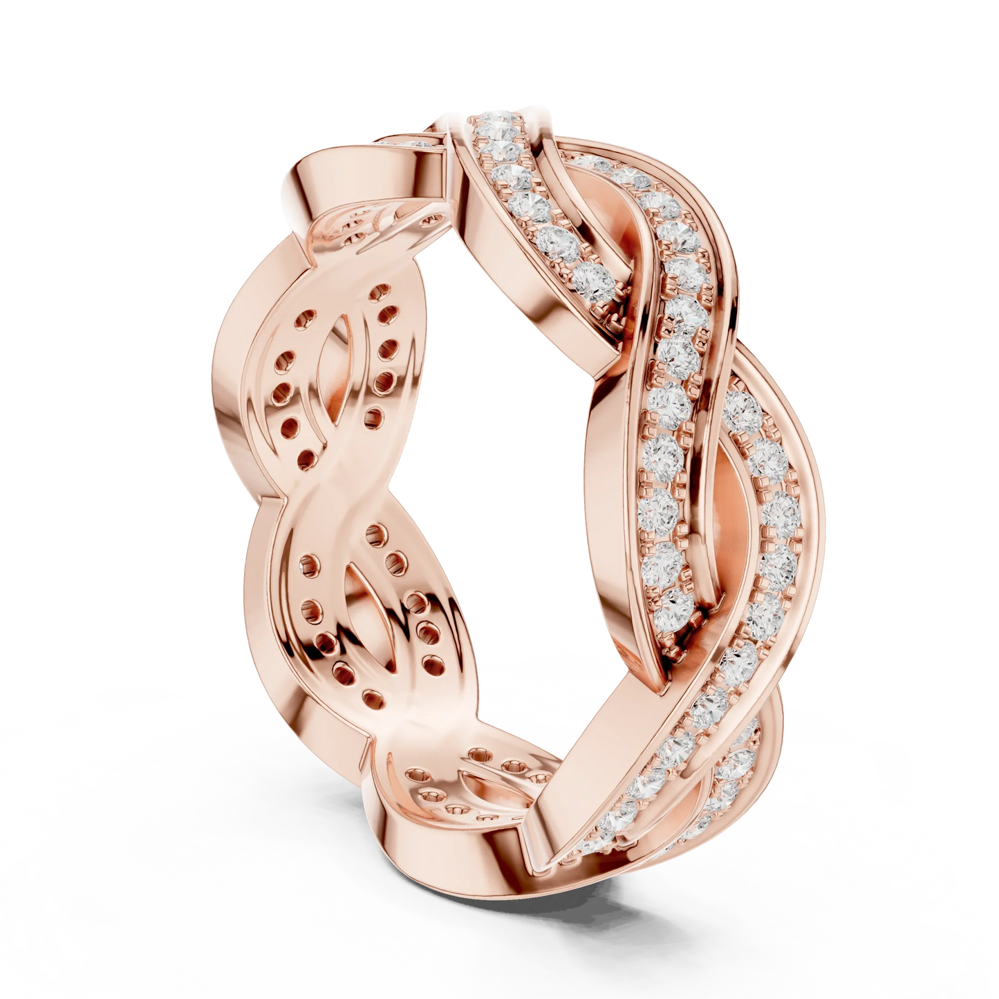 Back view of rose gold eternity band with braided infinity design and round lab-grown diamonds