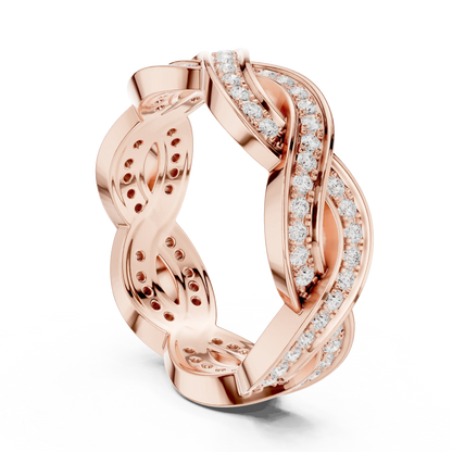 Back view of rose gold eternity band with braided infinity design and round lab-grown diamonds