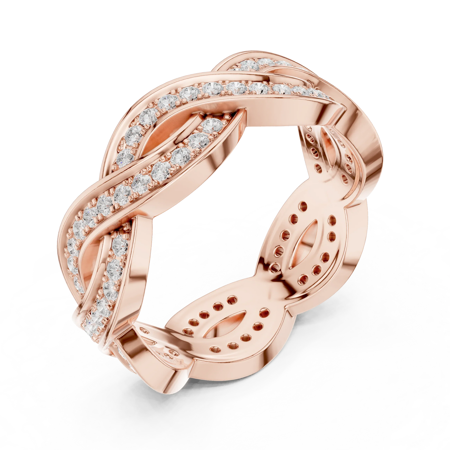 Front view of rose gold braided infinity eternity band featuring round brilliant lab-grown diamonds
