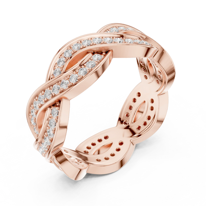 Front view of rose gold braided infinity eternity band featuring round brilliant lab-grown diamonds