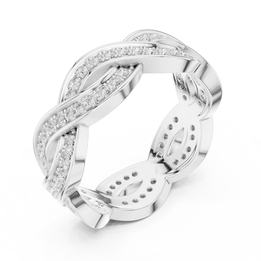 Front view of white gold braided infinity eternity band featuring round brilliant lab-grown diamonds