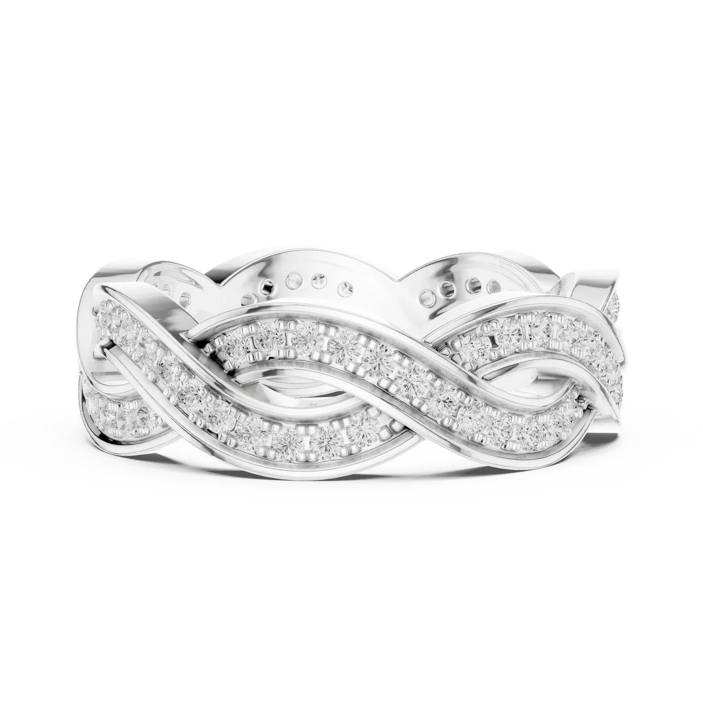 Side view of white gold eternity band highlighting braided infinity pattern and diamond setting