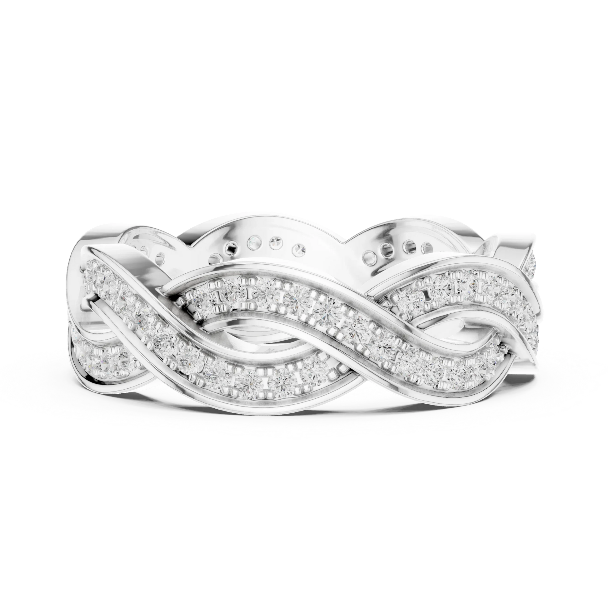 Side view of white gold eternity band highlighting braided infinity pattern and diamond setting