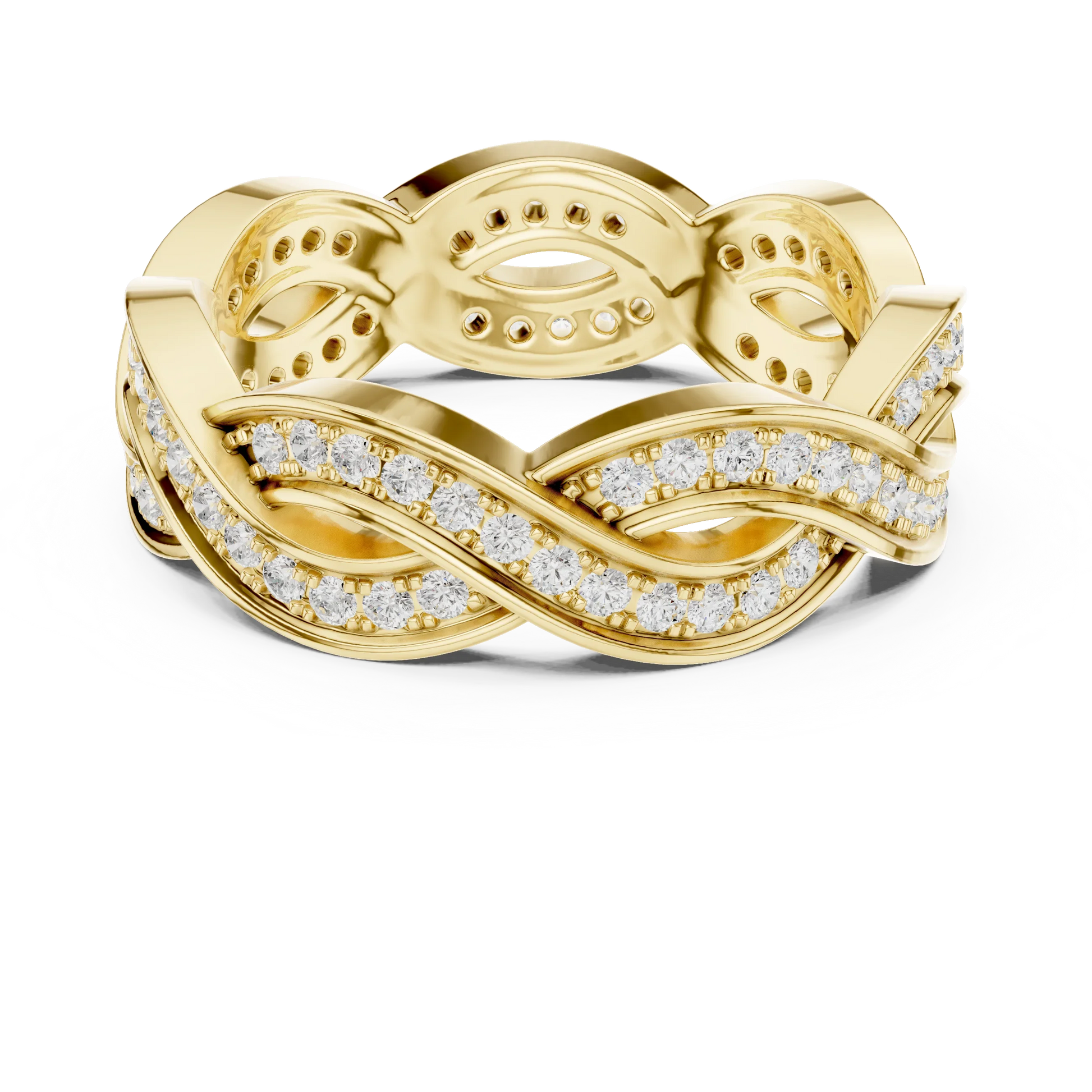 Round brilliant braided infinity eternity band with lab-grown diamonds in yellow gold with classic luxury appeal
