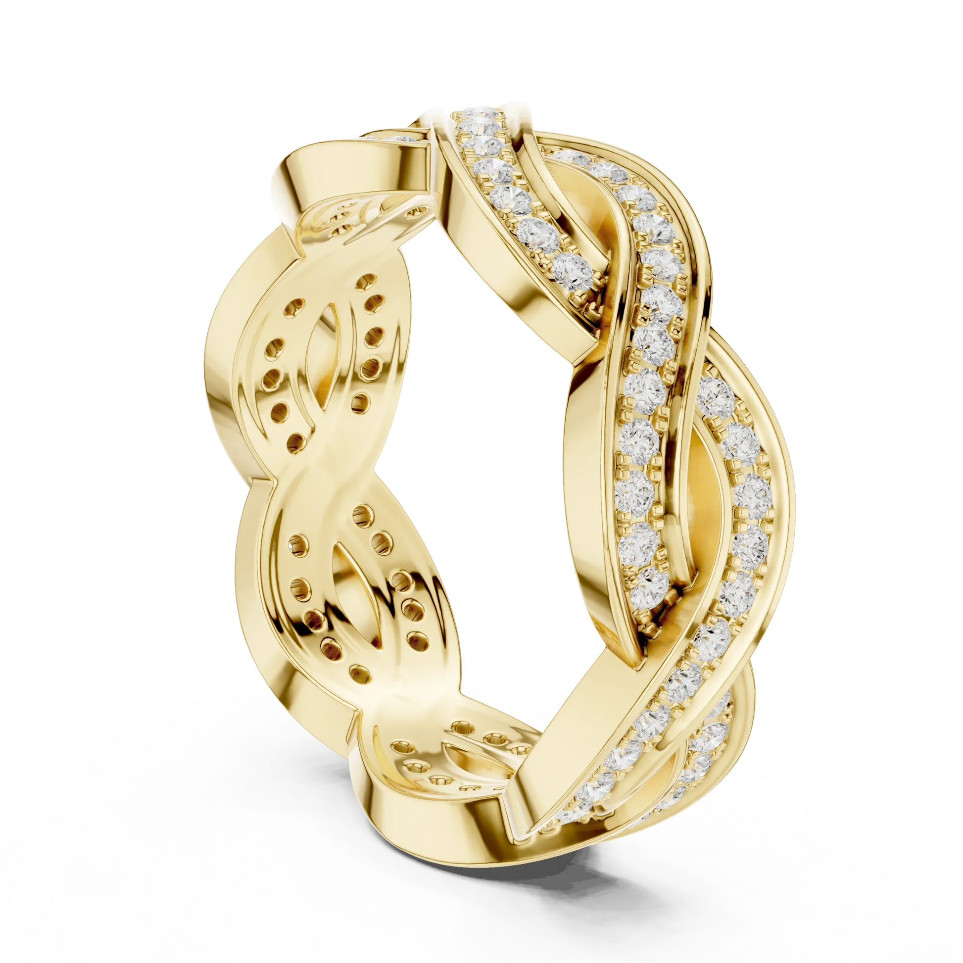Back view of yellow gold eternity band with braided infinity design and round lab-grown diamonds