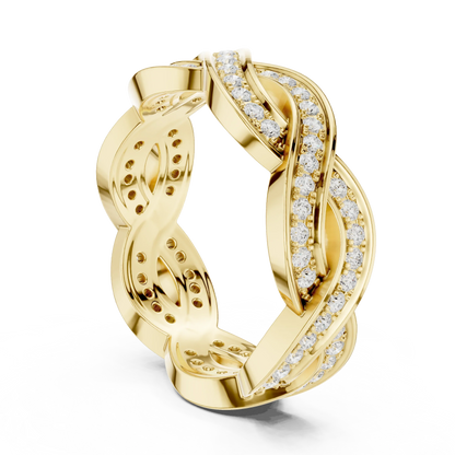 Back view of yellow gold eternity band with braided infinity design and round lab-grown diamonds